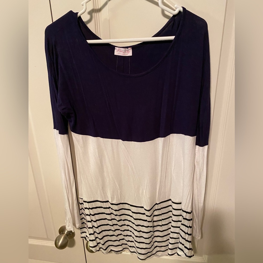 Pink Lilly Blue Off White Tunic Color Block Stripes Sz L
